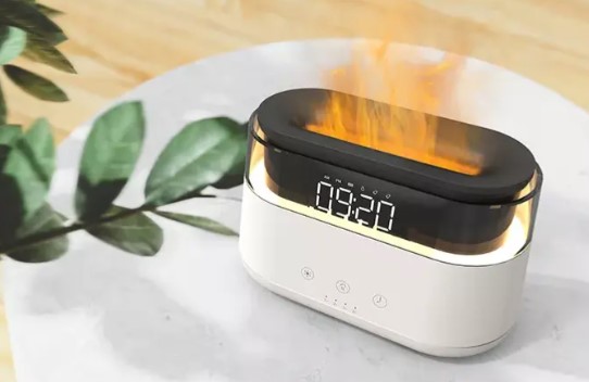 Picture of 3D Flame Light Aroma Essential Oil Diffuser with Alarm Clock 180ml Cool Mist Air Humidifier with Time Display