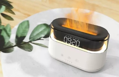 Picture of 3D Flame Light Aroma Essential Oil Diffuser with Alarm Clock 180ml Cool Mist Air Humidifier with Time Display