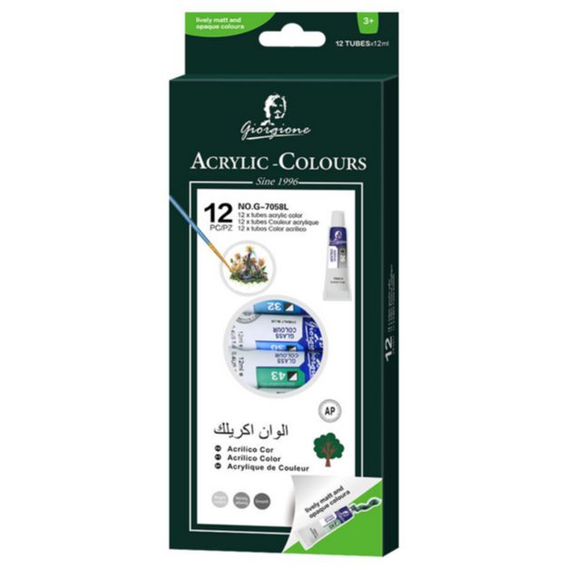 Picture of Giorgione Artist Non-Toxic 12 Colors Acrylic Paint Set 12ml Aluminum Tube Packing for Students' Canvas Glass Painting & Drawing