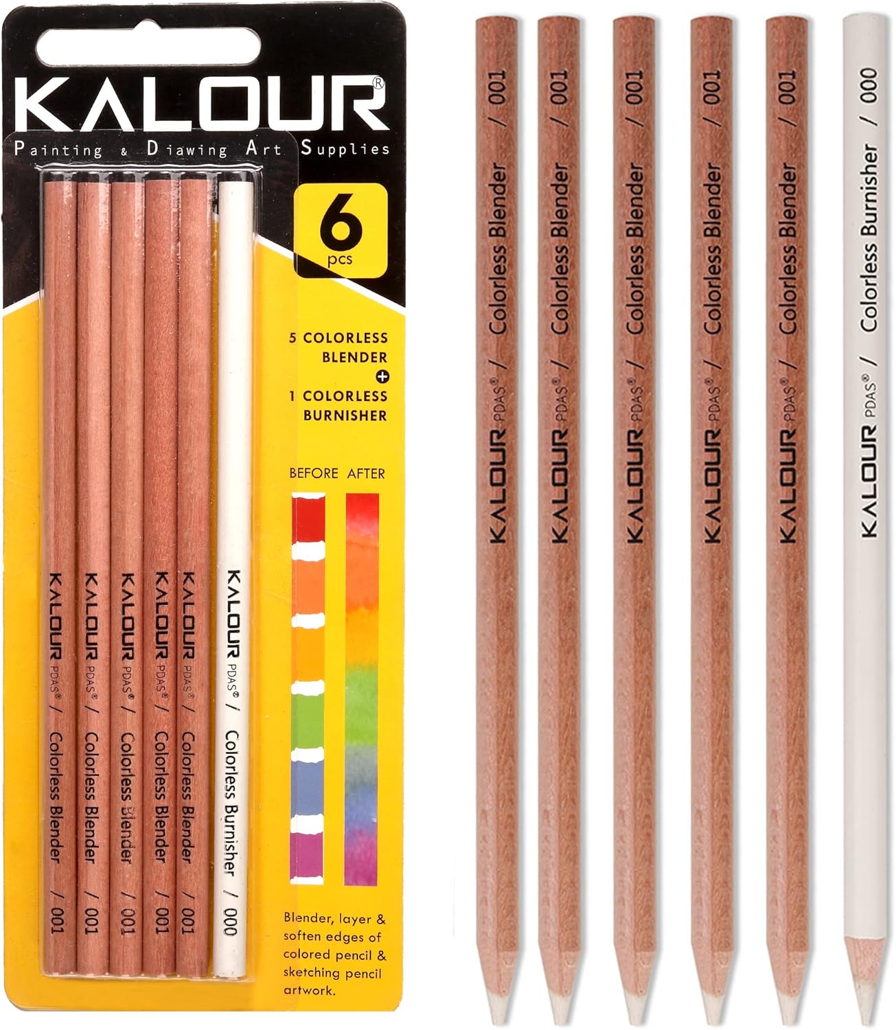 Picture of KALOUR Colorless Blender and Burnisher Pencils Set,Non-pigmented, Wax Based Pencil,perfect for Blending Softening Edges,ideal for Colored Pencils,Art Supplies for Artists Beginners(6 Pencils Total)