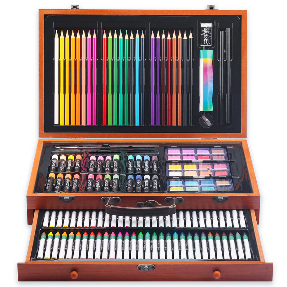 Picture of KALOUR  Drawing Stationery 142 Pieces Wooden Box Children's Painting Set Oil Pastel Crayons Pencil Set Art Supplies