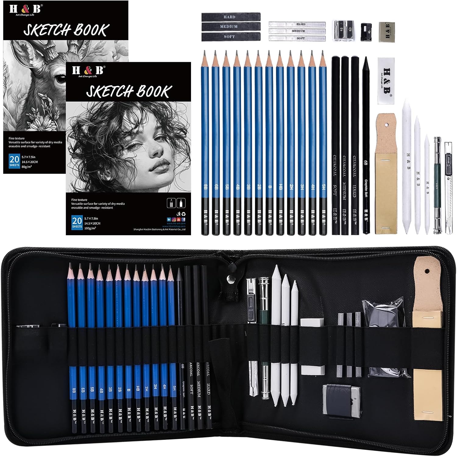 Picture of H & B 40 Piece Professional Sketch Pencil Drawing Kit,Complete Artist Kit, Including Graphite Pencils, Pastels, Sharpener and Eraser