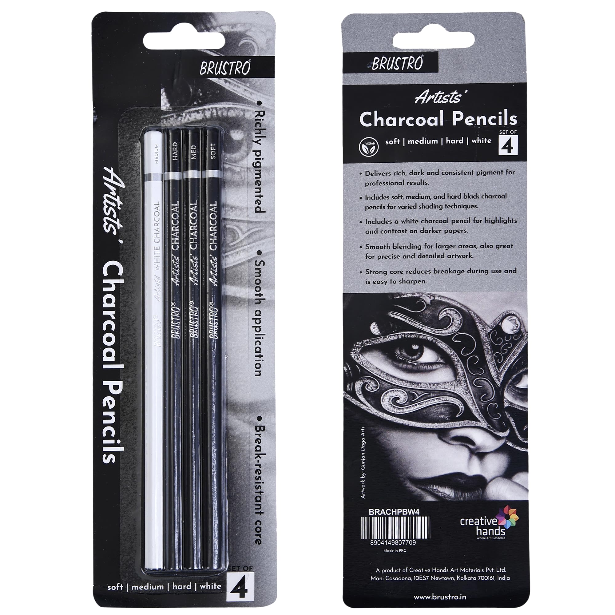 Picture of BRUSTRO Artists Charcoal Pencil - Set of 4 (3 Black Shade - Soft, Medium, Hard and 1 White - Medium) | Ideal for Drawing, Shading, Coloring, Sketching, Artwork, Portrait, Landscape, Smooth Blending