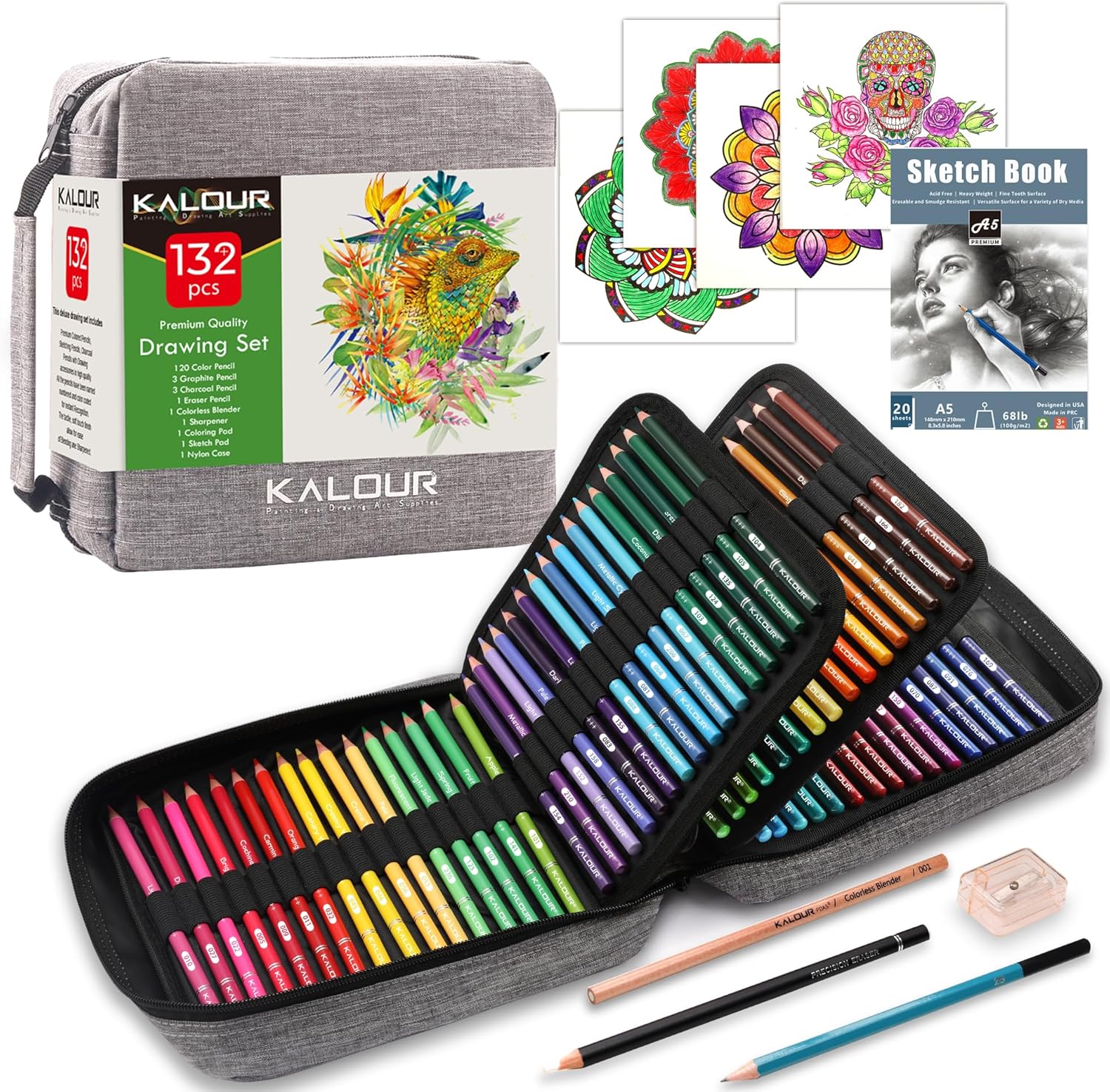 Picture of KALOUR 132 Colored Pencils Set,with Adult Coloring Book and Sketch Book,Artists Colorless Blender,Zipper Travel Case,Soft Core,Ideal for Drawing Sketching Shading,Art Supplies for Beginners Kids
