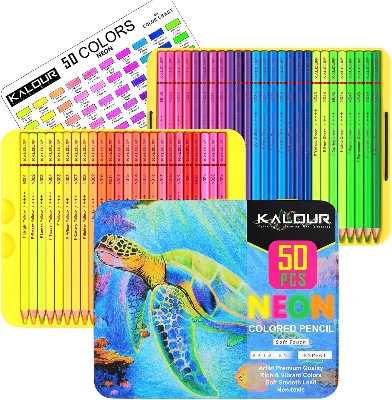Picture of KALOUR 50 Neon Colored Pencils for Adult Coloring Books, Fluorescent colored Professional Drawing pencils Set Art Supplies Kit for Adults Beginners Artists, Soft Core