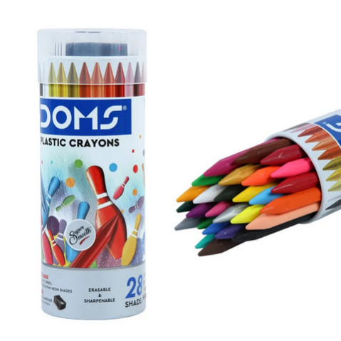 Picture of Doms 28 Shades Erasable Plastic Crayons Round Tin Box | Smooth & Even Shading | Bright & Playful Colors | Free Eraser Inside | Non-Toxic & Safe For Childrens | Pack of 1