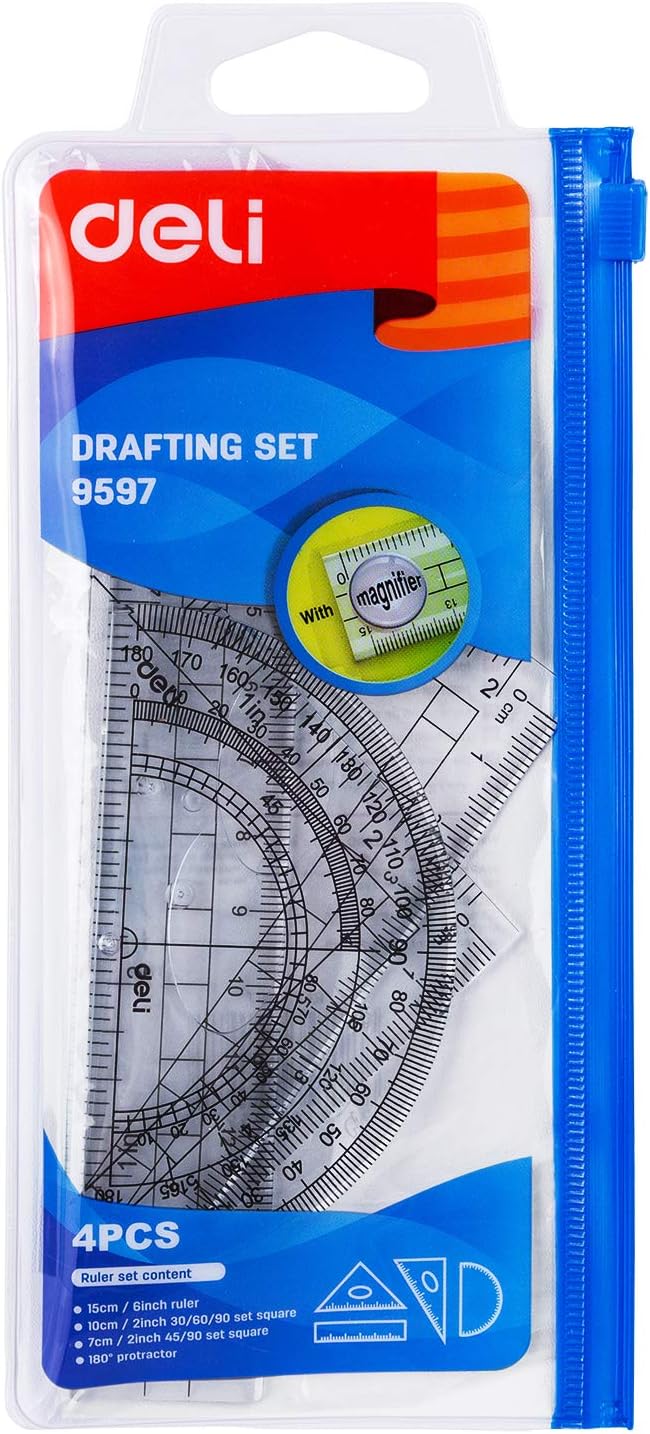 Picture of DELI E9597 Deli 4 Pieces Math Geometry Tool Plastic Clear Ruler Sets, Includes Straight Ruler, Triangle Ruler, Protractor
