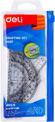 Picture of DELI E9597 Deli 4 Pieces Math Geometry Tool Plastic Clear Ruler Sets, Includes Straight Ruler, Triangle Ruler, Protractor