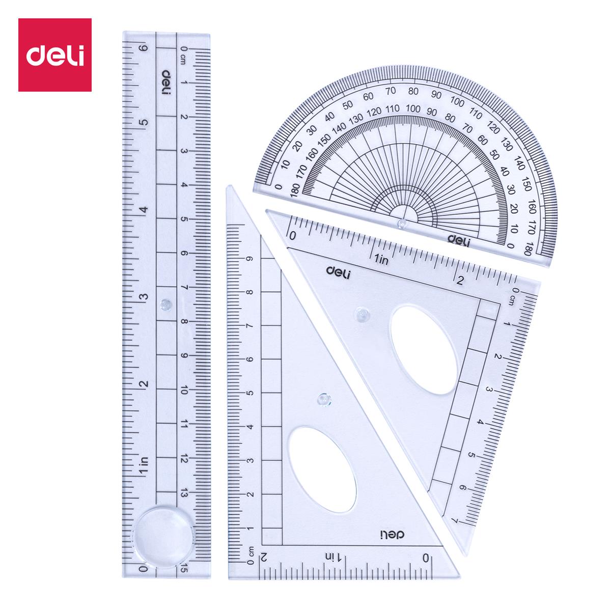 Picture of DELI E9597 Deli 4 Pieces Math Geometry Tool Plastic Clear Ruler Sets, Includes Straight Ruler, Triangle Ruler, Protractor