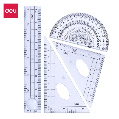 Picture of DELI E9597 Deli 4 Pieces Math Geometry Tool Plastic Clear Ruler Sets, Includes Straight Ruler, Triangle Ruler, Protractor