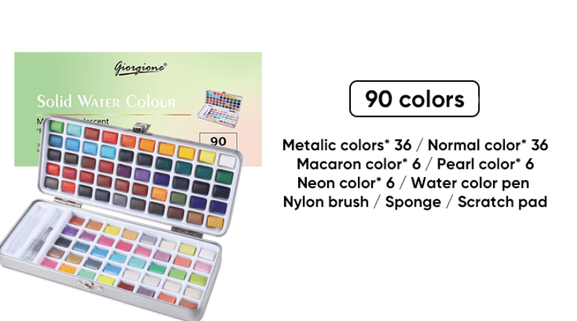 Picture of Giorgione G-ZG 90 colors metallic pearlescent solid watercolor paint with water ink brush set with metal box
