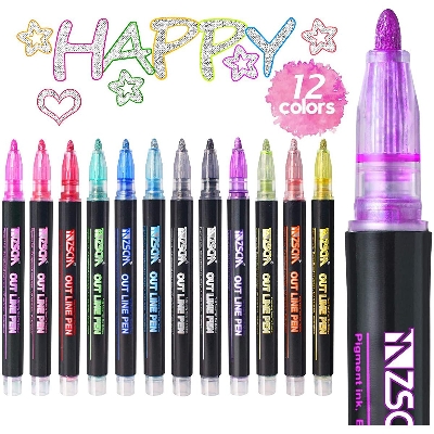 Picture of Double Line Outline Pens 12 Colors Outline Metallic Markers