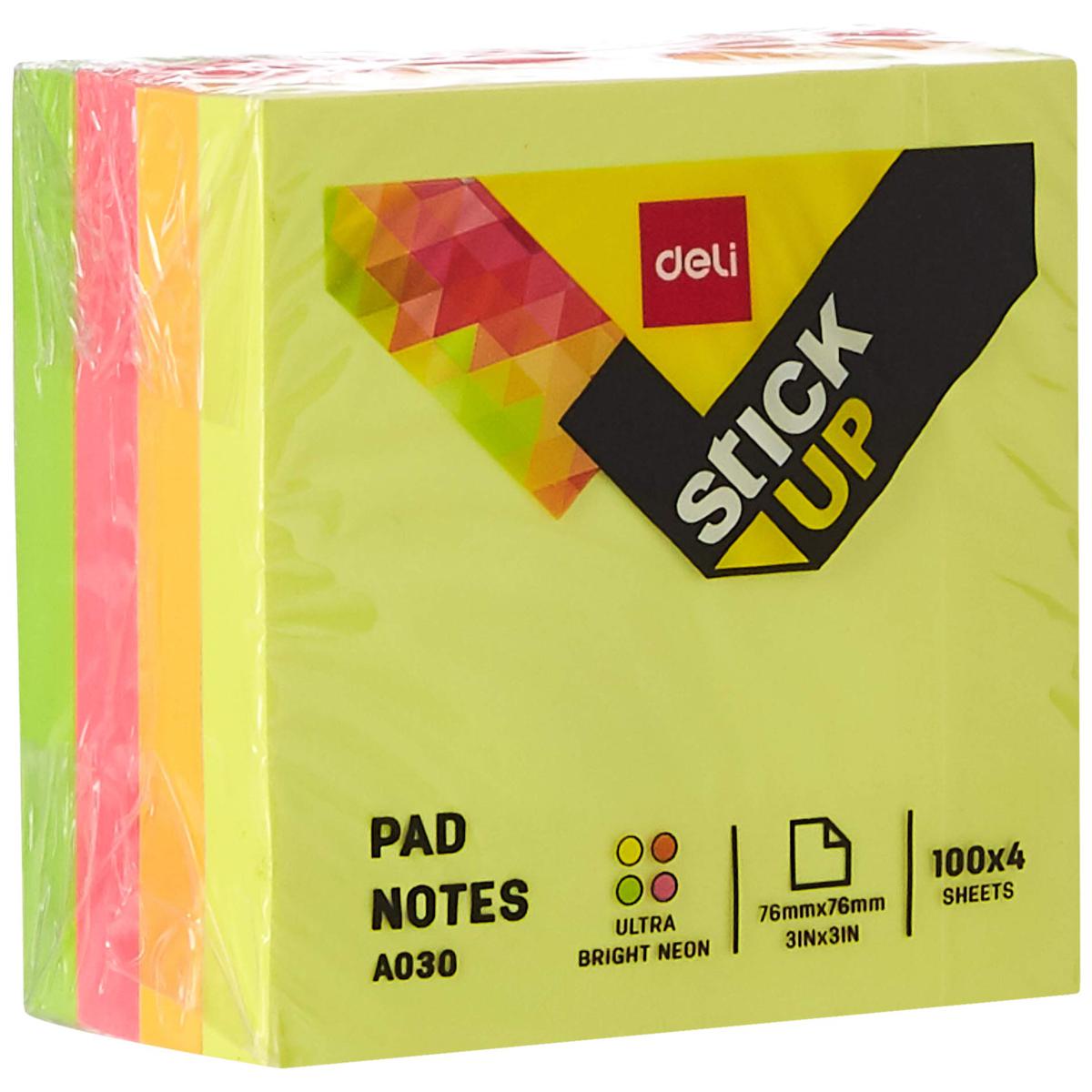 Picture of Deli EA03003 Bright Neon Sticky Notes Pad 400 Sheets