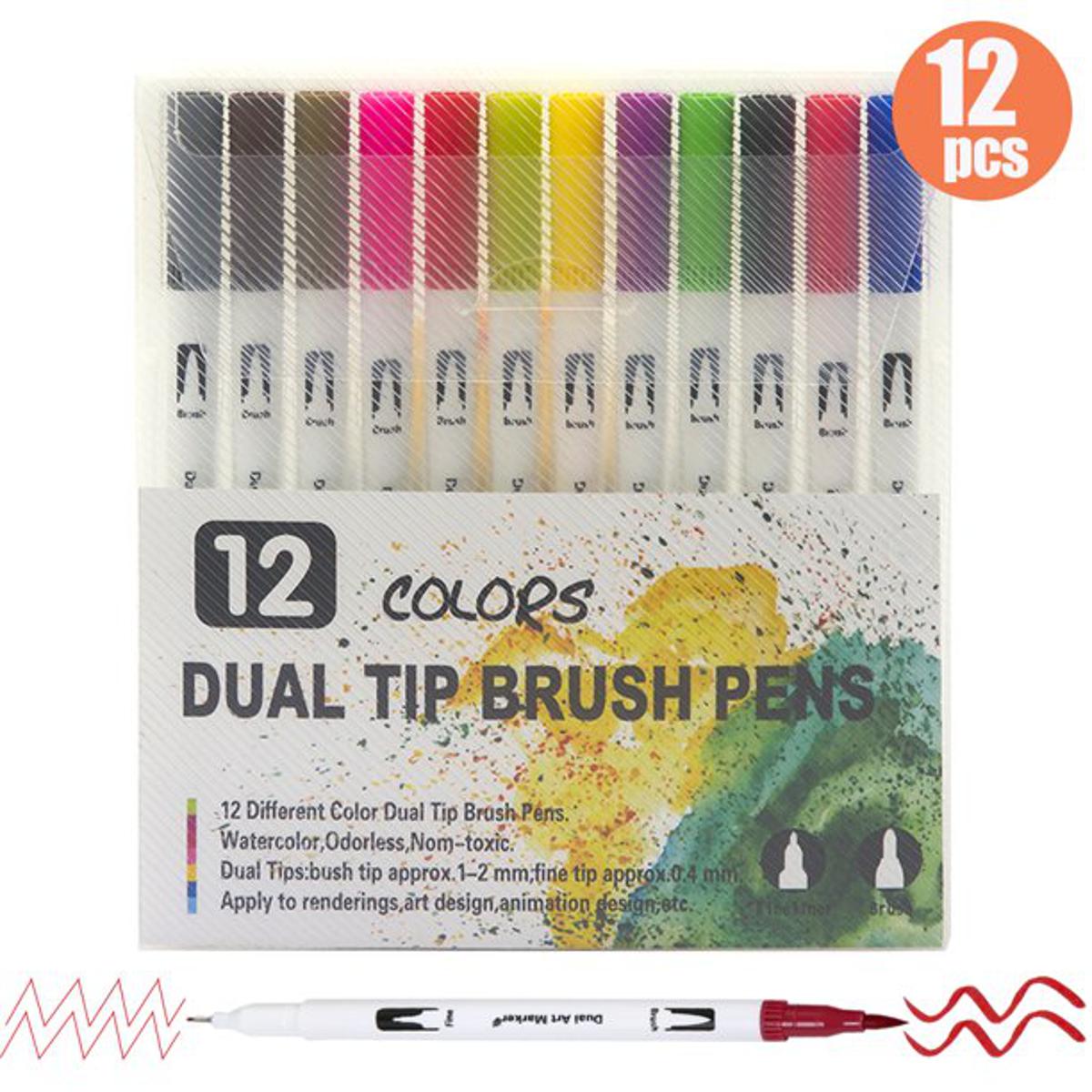 Picture of 12 Pcs Dual Tip Brush Pens Art Markers Set Flexible Brush & 0.4mm Fine liner
