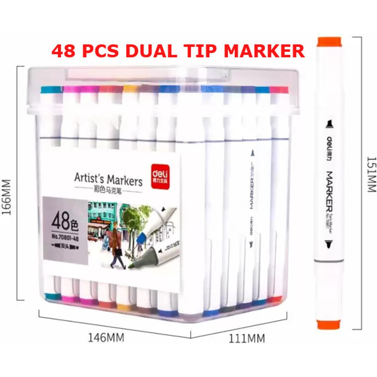 Picture of Deli E70803-48 Sketch marker Dual Tip Art Marker, Brush and Chisel, Sketch Marker for Painting Sketching Calligraphy Drawing, Colouring Marker Pens for Sketching 48 Colours