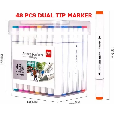 Picture of Deli E70803-48 Sketch marker Dual Tip Art Marker, Brush and Chisel, Sketch Marker for Painting Sketching Calligraphy Drawing, Colouring Marker Pens for Sketching 48 Colours