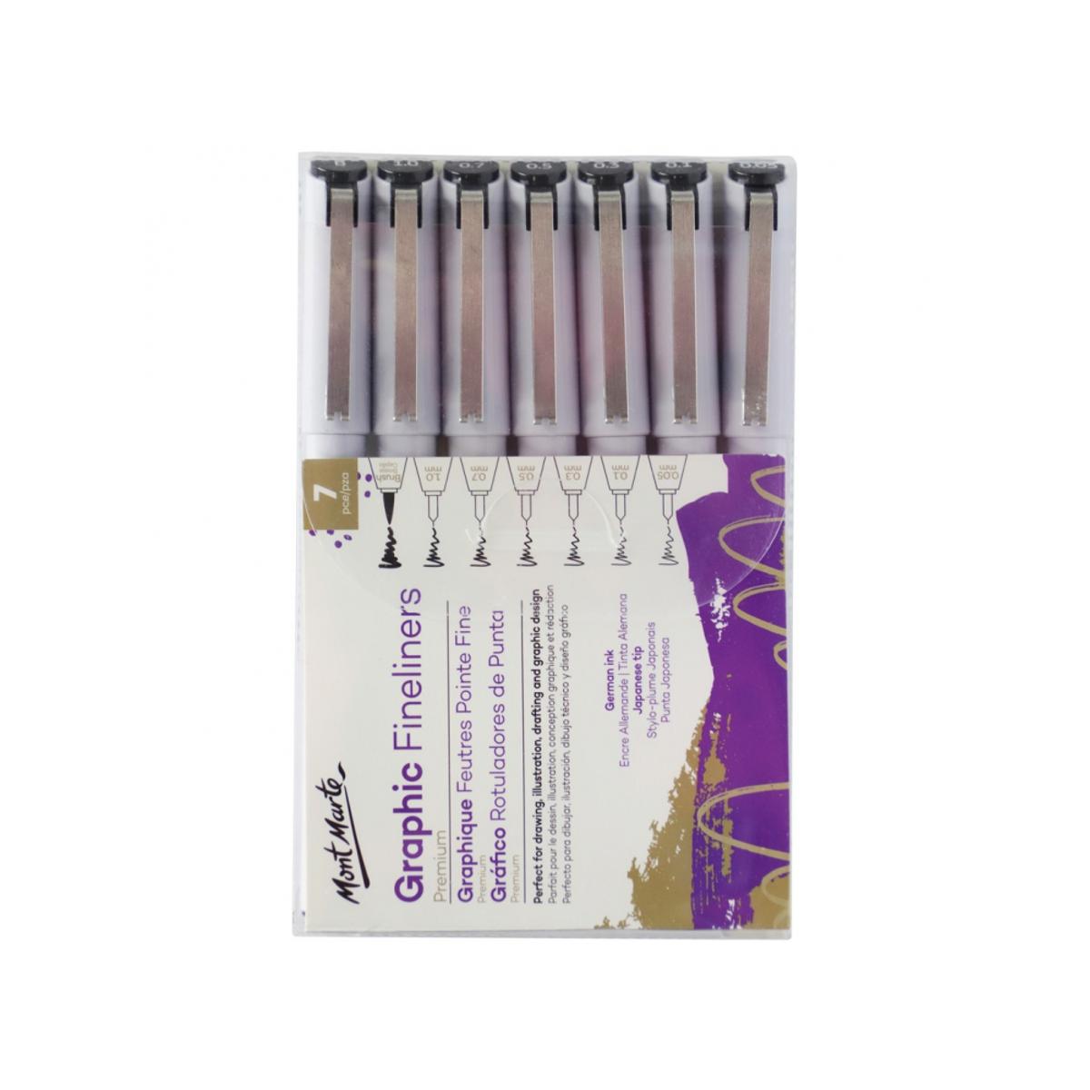 Picture of Mont Marte Graphic Fineliner Pen 0.05mm, 0.1mm, 0.3mm, 0.5mm, 0.7mm, 1.0m, Brush  7 Pcs set