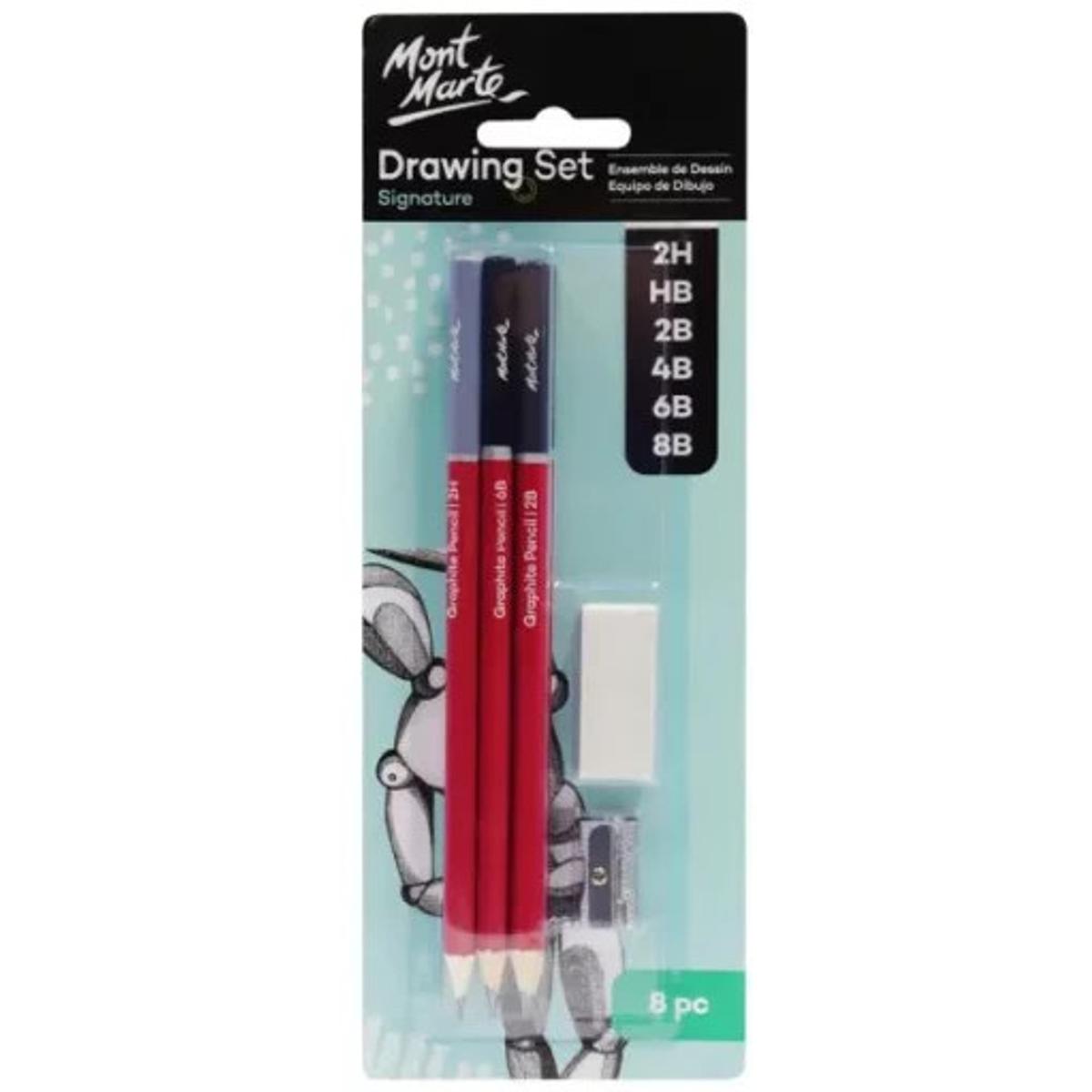 Picture of Mont Marte Drawing set  8 Pcs set 6 grades of graphite pencils - 2H, HB, 2B, 4B, 6B and 8B Includes eraser and metal sharpener