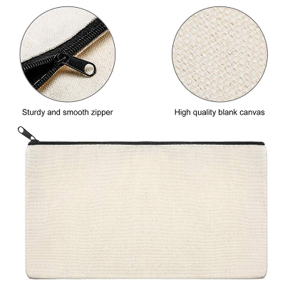 Picture of Premium Pouch Pencil Bag for Cosmetics, Mobile, Coins - Off White Canvas with Zipper, 8x4.5 inches