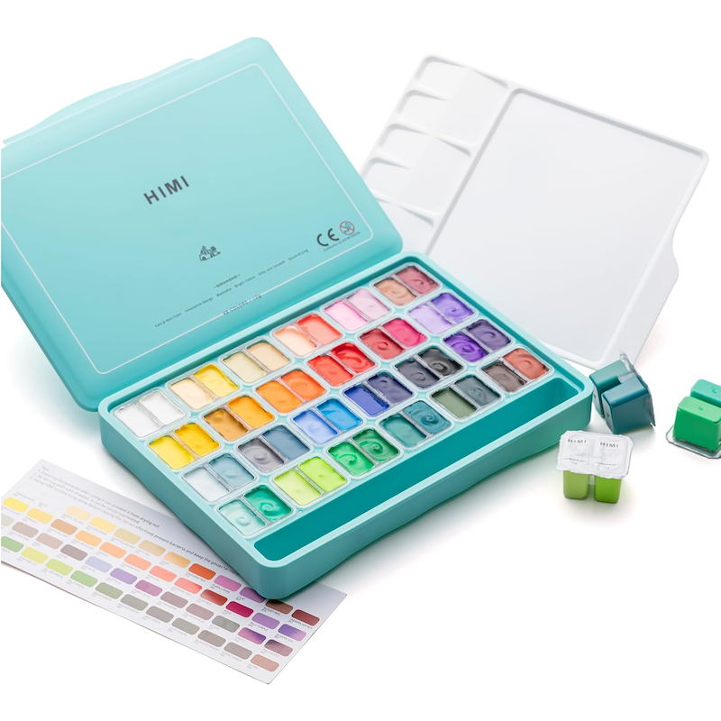 Picture of HIMI Twin Cup Jelly Gouache Paint Set, 48 Colors 12g, Jelly Cup Design, Non Toxic Paint for Canvas and Paper, Art Supplies for Professionals (Green Case) Visit the HIMI Store