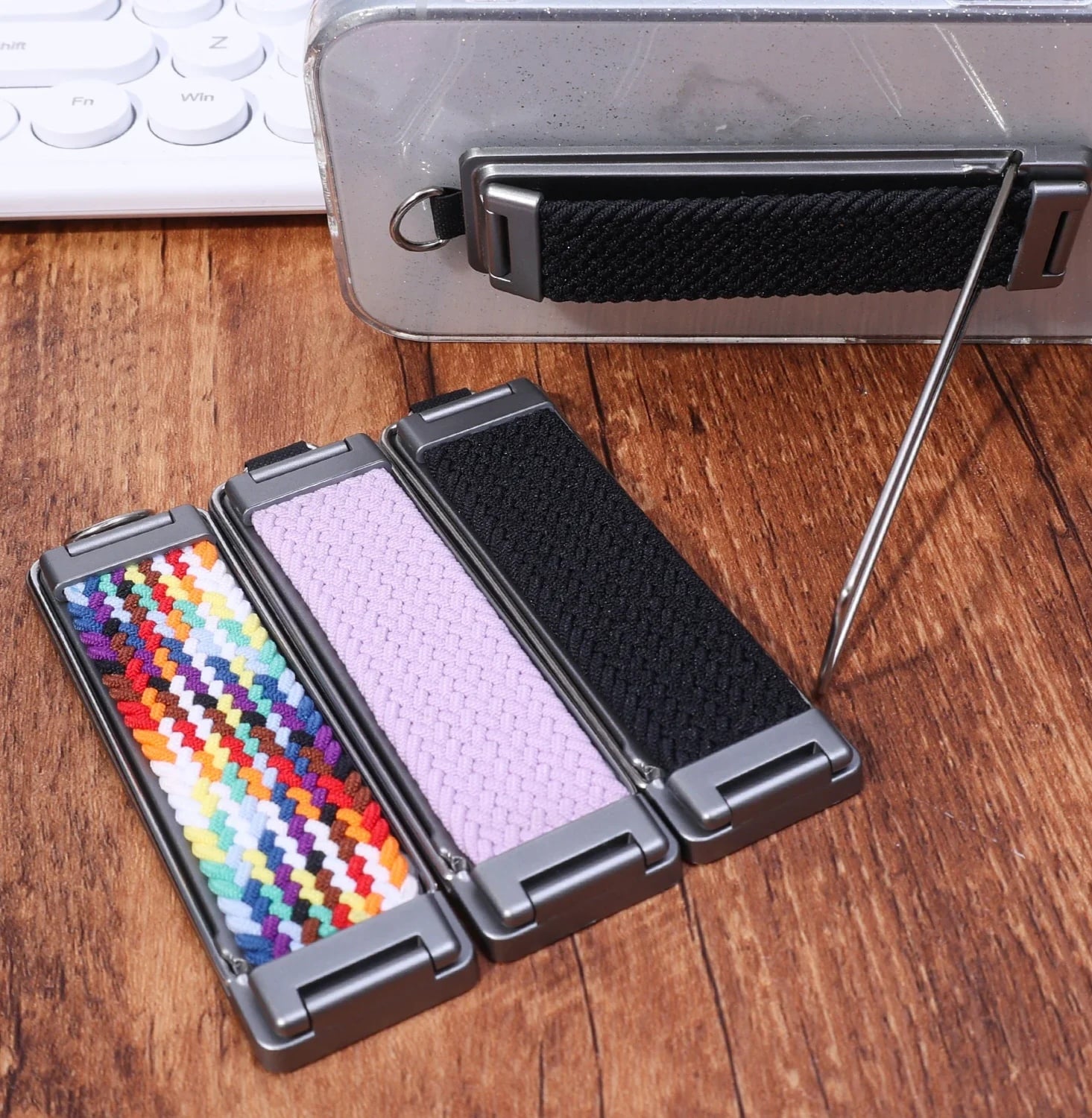 Picture of Metal Back Mounted Phone Holder with rainbow Strap and Breathable Design Foldable and Portable Ring Holder with Hanging Rope