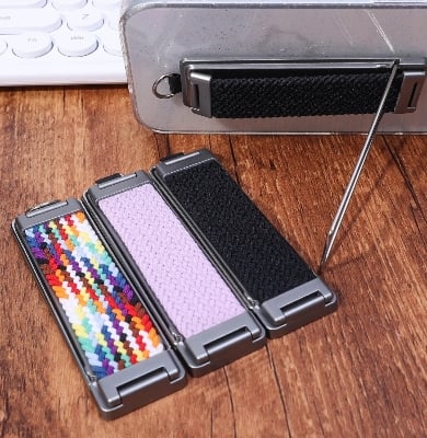 Picture of Metal Back Mounted Phone Holder with rainbow Strap and Breathable Design Foldable and Portable Ring Holder with Hanging Rope