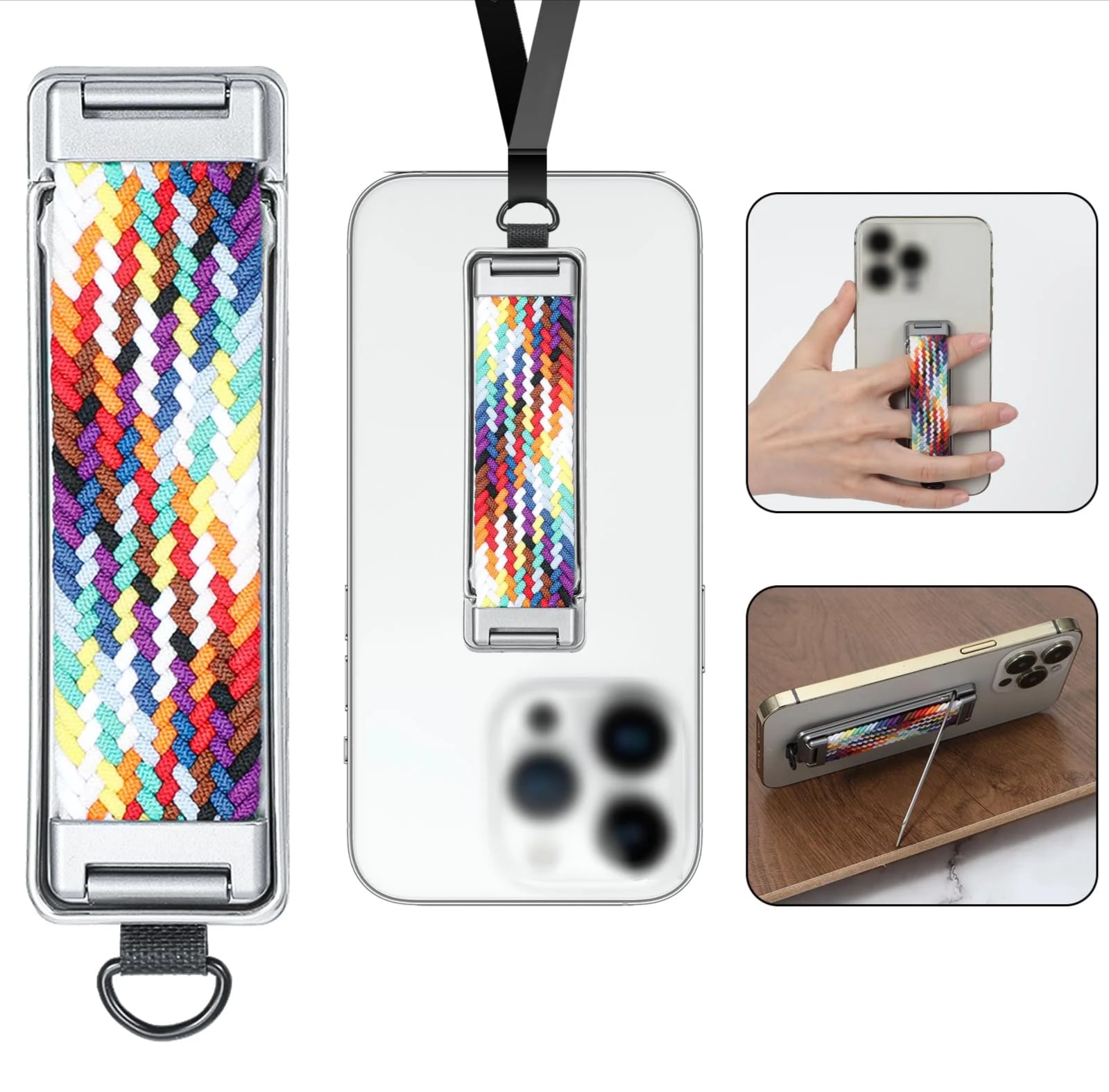 Picture of Metal Back Mounted Phone Holder with rainbow Strap and Breathable Design Foldable and Portable Ring Holder with Hanging Rope