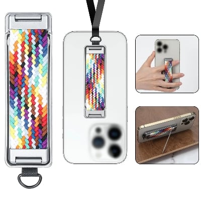 Picture of Metal Back Mounted Phone Holder with rainbow Strap and Breathable Design Foldable and Portable Ring Holder with Hanging Rope