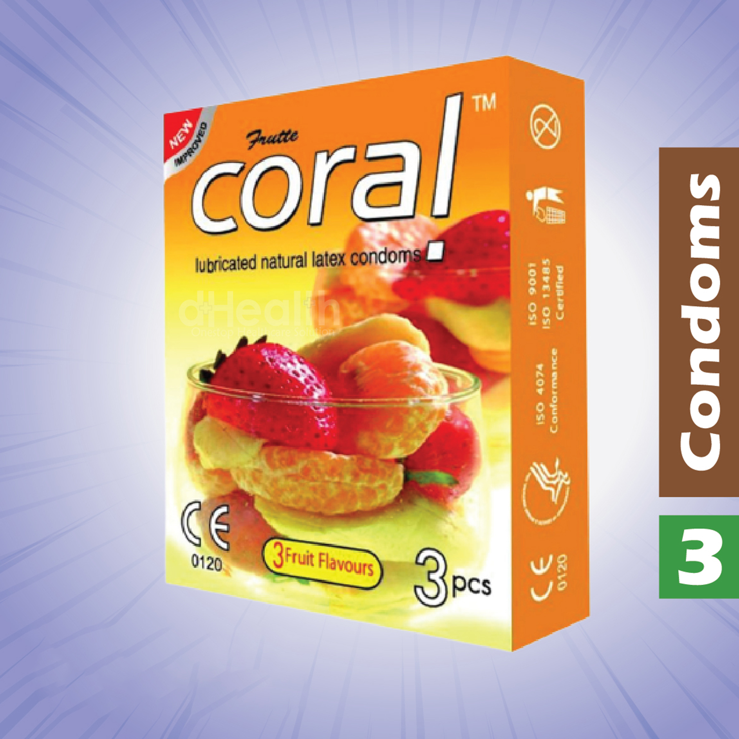 Picture of Coral 3 Fruits Flavor Condom Fruits Condom, Single Pack, 3 Pcs