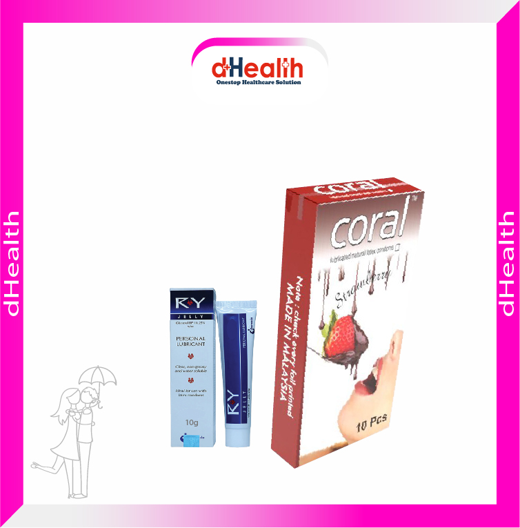 Picture of Coral Strawberry Flavored Lubricated Natural Latex Condoms Single Pack(1x10)=10Pcs & RY Jelly 10g Personal Lubricate Combo Pack
