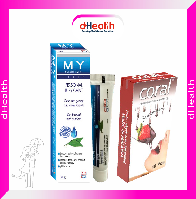 Picture of Coral Strawberry Flavored Lubricated Natural Latex Condoms Single Pack(1x10)=10Pcs & MY Jelly 50g Personal Lubricate Combo Pack