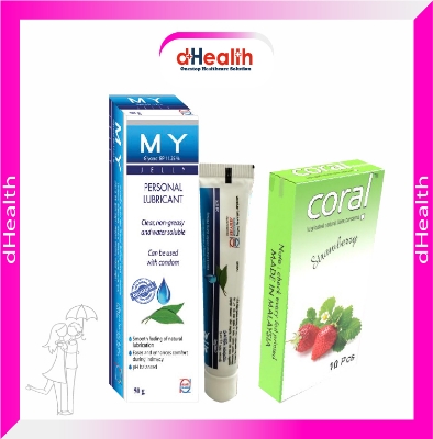 Picture of Coral Strawberry Flavored Lubricated Natural Latex Condoms Single Pack(1x10)=10Pcs & MY Jelly 50g Personal Lubricate Combo Pack