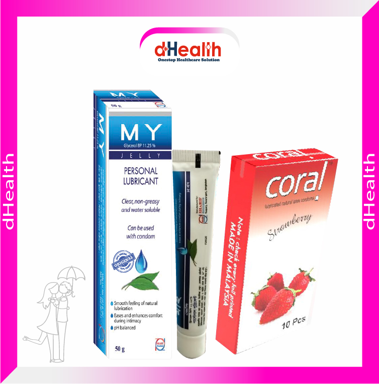 Picture of Coral Strawberry Flavored Lubricated Natural Latex Condoms Single Pack(1x10)=10Pcs & MY Jelly 50g Personal Lubricate Combo Pack