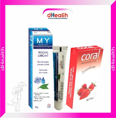 Picture of Coral Strawberry Flavored Lubricated Natural Latex Condoms Single Pack(1x10)=10Pcs & MY Jelly 50g Personal Lubricate Combo Pack