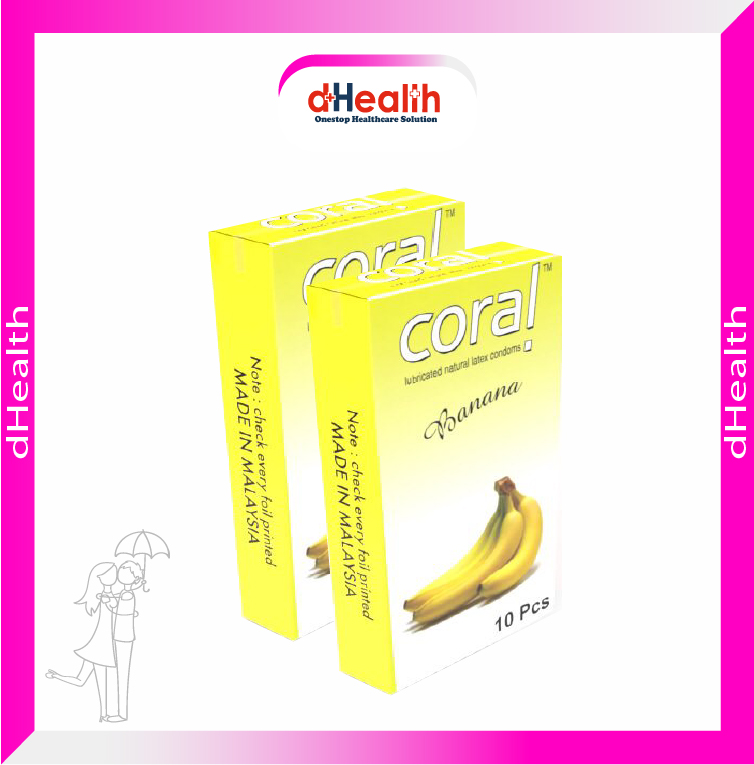 Picture of Coral Banana Flavored Lubricated Natural Latex Condoms (2x10)=20Pcs Combo Pack