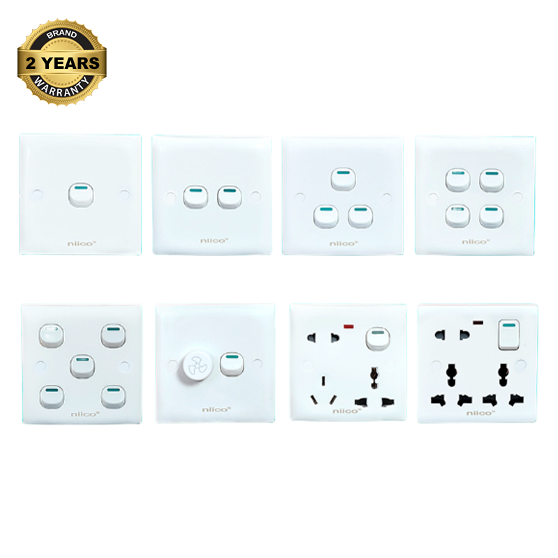Picture of Niico Classic Gang Series 8 Pices-1gang + 2 Gang + 3 Gang + 4 Gang + 5 Gang + Fan Regulator+ 6 pin + 8 Pin Wall Switch Socket - 2 Year Warranty