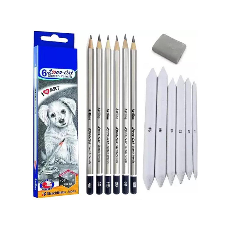 Picture of Artline Set Of 6 Sketch Pencils + Blending/Smudging Stumps Set Of 6 (Size 1 To 6) And One Kneadable Eraser For Graphite And Charcoal Pencils - Mechanical Pencil
