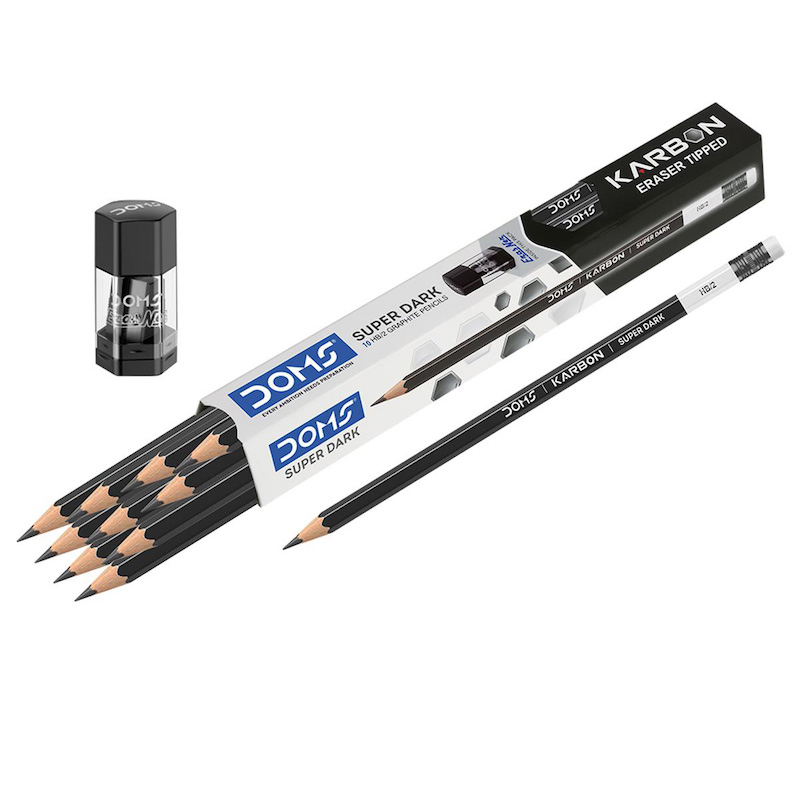 Picture of DOMS KARBON ERASER TIPPED Super Dark Pencils (Set of 10 Pcs Pencils, 01 Pc Eraser+Sharpener)