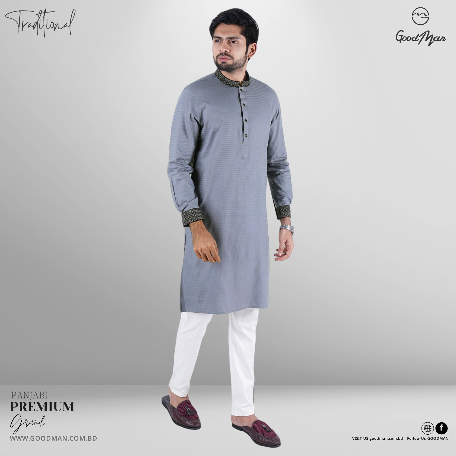 Picture of GoodMan Premium Quality Dark Ash Color Semi Long Panjabi for Men.