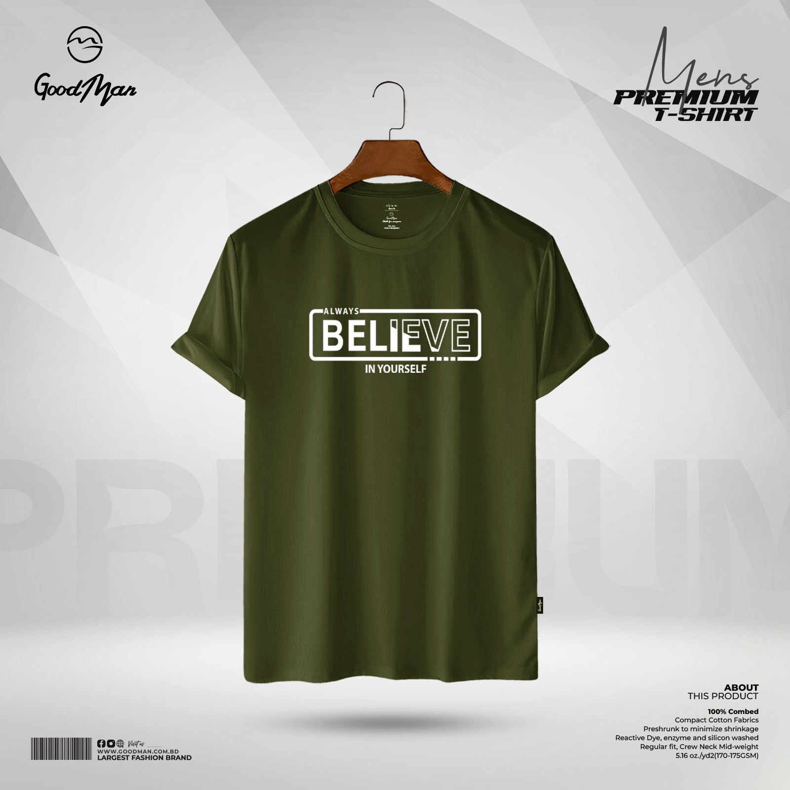 Picture of GoodMan Premium Quality Olive Color Cotton Short Sleeve T Shirt for Men.