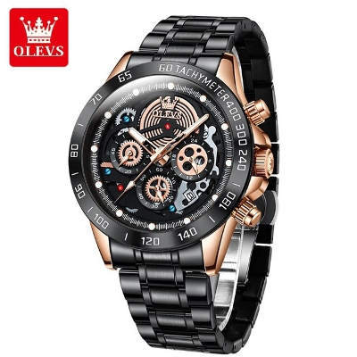 Picture of Olevs 9921 Black Stainless Steel Chronograph Wrist Watch For Men