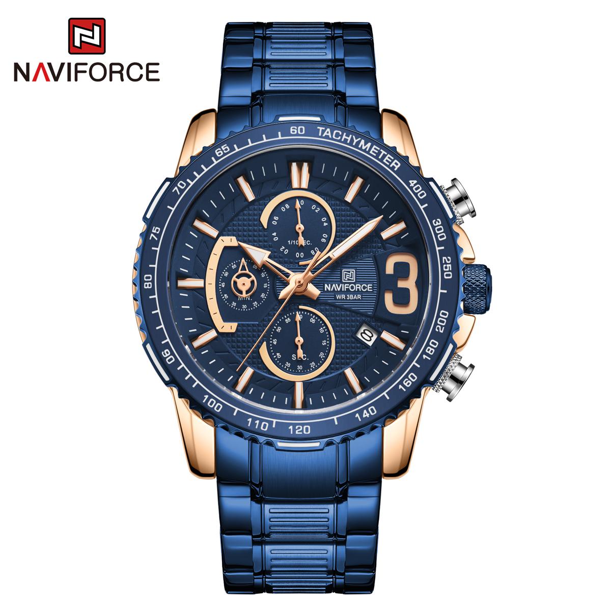 Picture of NAVIFORCE NF8017 Royal Blue Stainless Steel Chronograph Watch For Men - RoseGold & Royal Blue