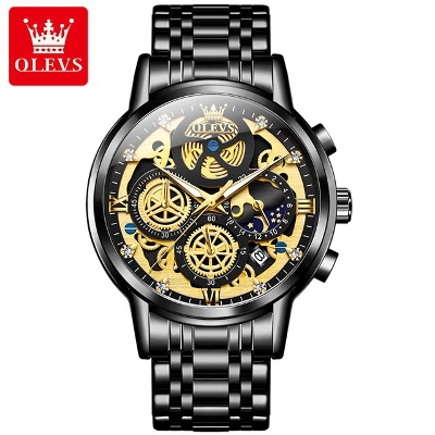 Picture of Olevs 9947 Black Stainless Steel Chronograph Wrist Watch For Men