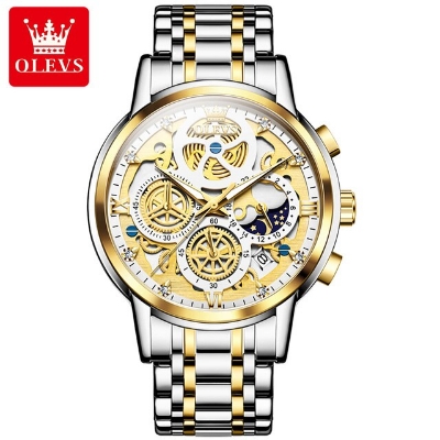 Picture of Olevs 9947 Silver & Golden Two Tone Stainless Steel Chronograph Wrist Watch For Men