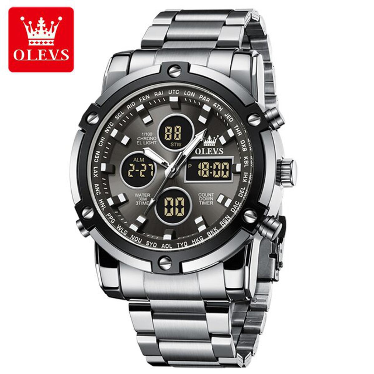 Picture of Olevs 1106 Silver Stainless Steel Dual Time Wrist Watch For Men