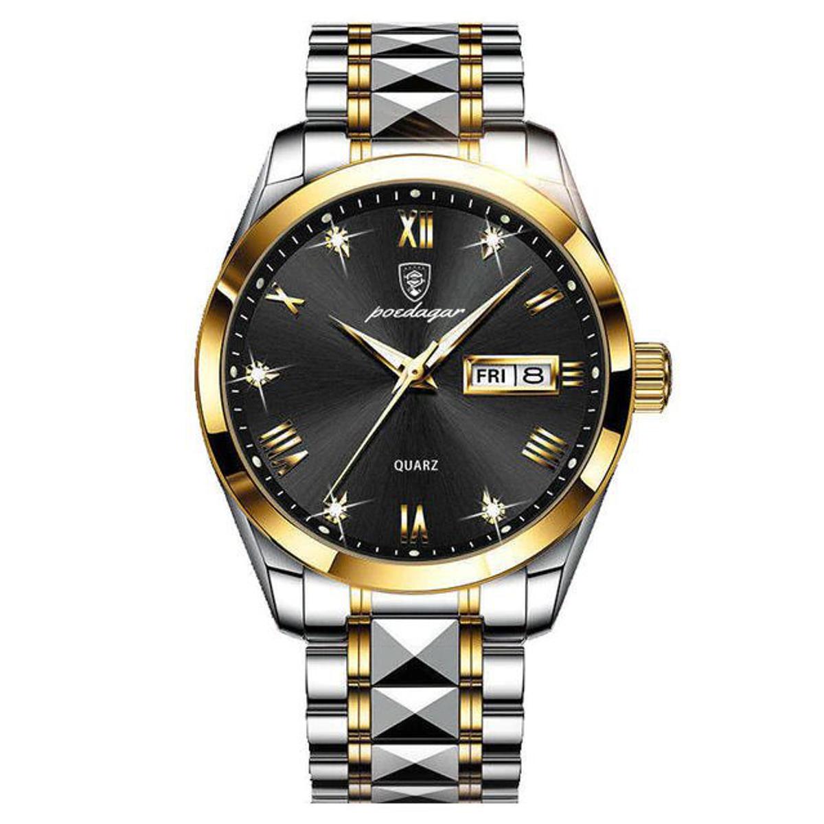 Picture of Poedagar PO614 Silver & GoldenTwo Tone Stainless Steel Analog Wrist Watch For Men - Black & Silver & Golden 