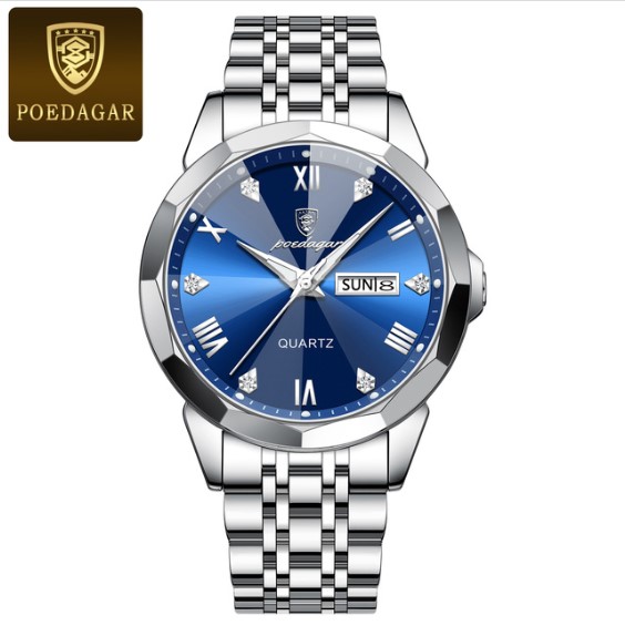 Picture of Poedagar PO810G Silver Stainless Steel Analog Wrist Watch For Men - RoyalBlue & Silver