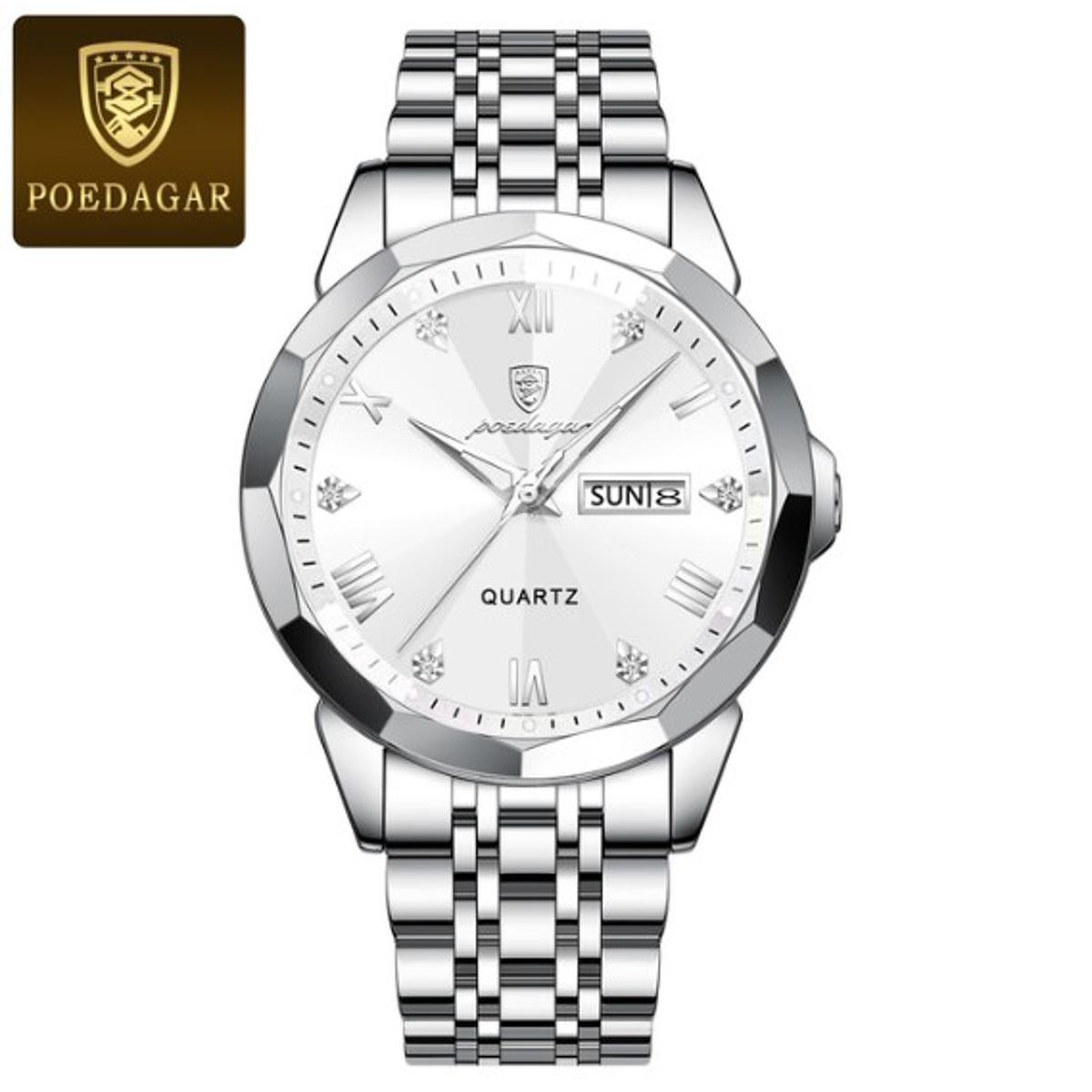 Picture of Poedagar PO810G Silver Stainless Steel Analog Wrist Watch For Men - White & Silver