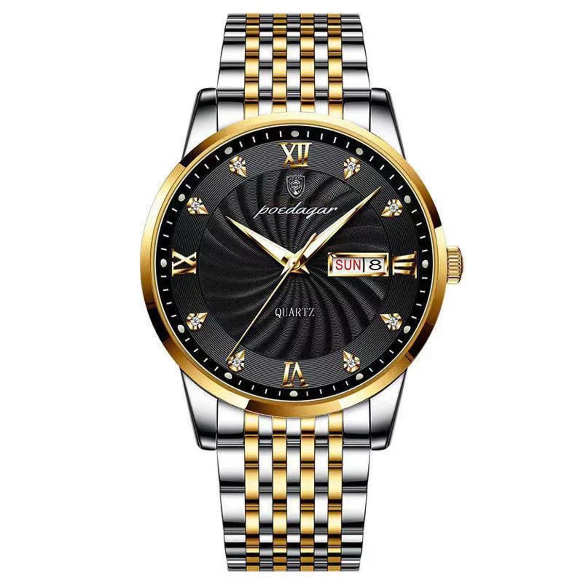 Picture of Poedagar PO827 Silver & Golden Two Tone Stainless Steel Analog Wrist Watch For Men - Black & Silver & Golden 