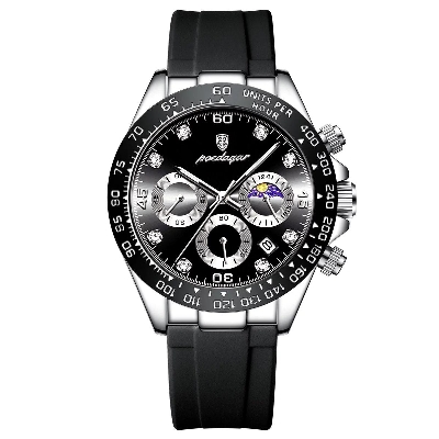 Picture of Poedagar PO629F Black TPU Rubber Chronograph Wrist Watch For Men - Silver & Black